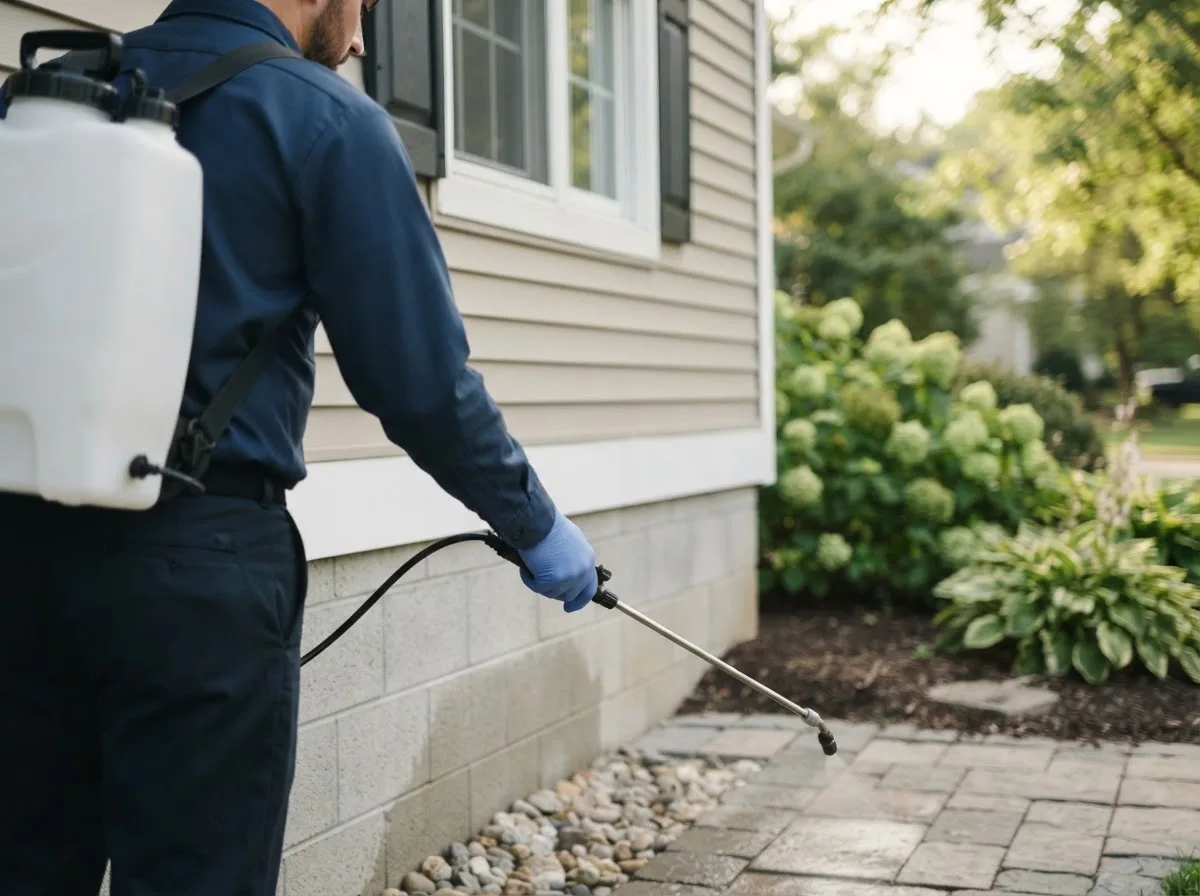 Pest control technician inspecting a home in Mill River, MA